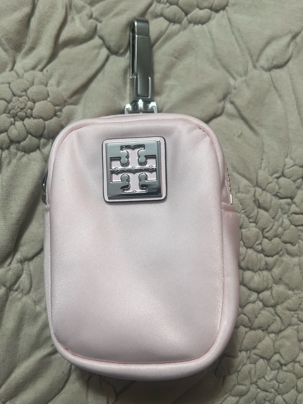 Tory Burch Light Pink Nylon Clip-On Pouch with Silver Logo